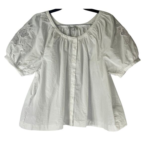 Madewell White Scoop Neck Button Down Eyelet Short Sleeve Blouse Reg Size XS - Picture 1 of 7
